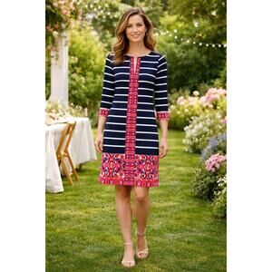 Eliza J Striped Floral Dress Womens Size 2P Petite Stretch 3/4 Sleeve Nautical